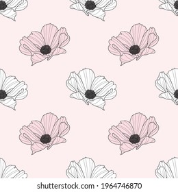 Garden cosmos flower repeat pattern, vector floral background, spring pattern, cute pastel flower design.