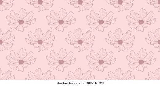 Garden cosmos flower seamless repeat pattern background, vector wallpaper. Floral spring pattern. Girly pattern.