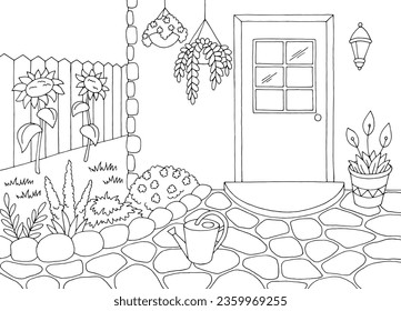 Garden in the courtyard of the house graphic black white sketch illustration vector 