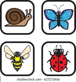 Garden Creatures, insects, ladybug, bee, butterfly, mollusks, snail, Vector Illustration