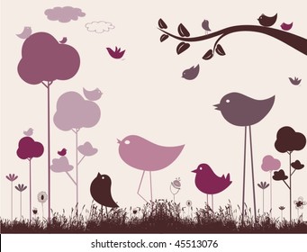 Garden with cute birds, vector