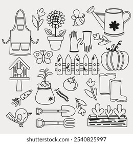 Сollection garden cute elements doodle outline