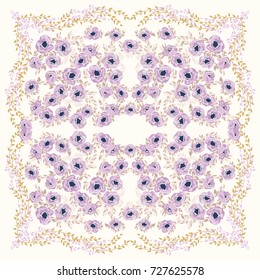 Garden cute flower square composition. Country style millefleurs. Floral meadow enchanting background for scarf print, textile, covers, surface, scrapbooking, decoupage. Bandana design. Shabby chic