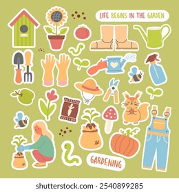 Сollection garden cute stickers flat design