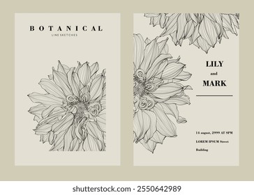 Garden Dahlia flowers. Engraved background. Wedding background card floral decorative border. Thank you, rsvp, invitation elegant card illustration graphic set banner.