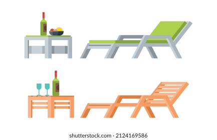 Garden Deck Chair and Small Table with Wine Bottle and Fruit Vector Set