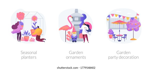 Garden decoration ideas abstract concept vector illustration set. Seasonal planters, garden ornaments, outdoor party decoration, landscape design, bird bath, wind chime, shop online abstract metaphor.