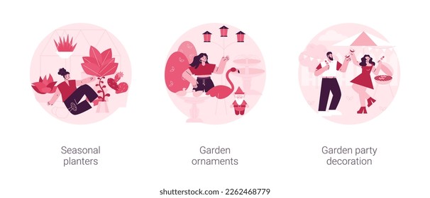 Garden decoration ideas abstract concept vector illustration set. Seasonal planters, garden ornaments, outdoor party decoration, landscape design, bird bath, wind chime, shop online abstract metaphor.