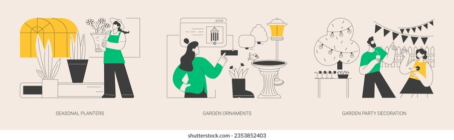 Garden decoration ideas abstract concept vector illustration set. Seasonal planters, garden ornaments, outdoor party decoration, landscape design, bird bath, wind chime, shop online abstract metaphor.