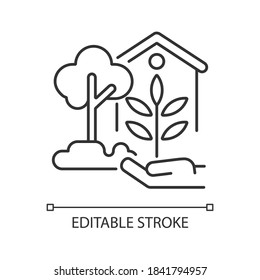 Garden decoration linear icon. Outdoor ornaments. Residential tree garden. Backyard decorating. Thin line customizable illustration. Contour symbol. Vector isolated outline drawing. Editable stroke