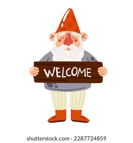 Garden decorative gnome. Gardening activity, landscape decor object vector illustration