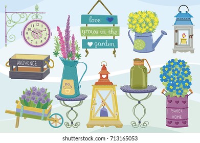 Garden decorative set.
Separate layers of objects and background for easy editing.Illustration done in cartoon style