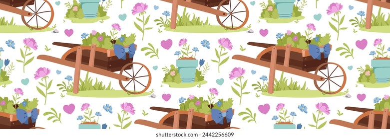 Patrón decorativo de carretilla del jardín. Carro decorado y planta de la casa en la olla. Flores y corazón. Fondo para textil, papel pintado, embalaje, invitación, postal. Ilustración vectorial.