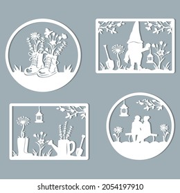 garden design in different frames. gnome is holding a flashlight, an elderly couple is sitting on a bench, rear view. rubber boots with flowers. high retro boots with lavender and chamomile. eps