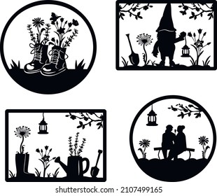 garden design in different frames vector. gnome holds flashlight,  elderly couple sits on bench, rear view. rubber boots with flowers. high boots in retro style with lavender and chamomile flowers