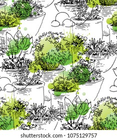 Garden design elements hand made sketch. Vector illustration. Seamless pattern of plants.