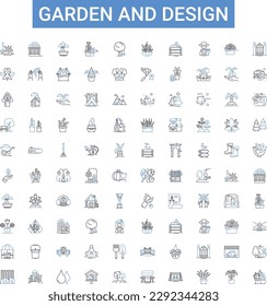 Garden and design outline icons collection. Landscaping, Gardening, Interior, Exterior, Architecture, Designing, Outdoors vector illustration set. Patio, Plants, Foliage line signs