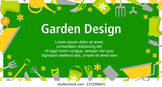 Garden Design poster with gardening tools on green background. Backgroud for different designs: card, poster, sales, news. Vector Illustration