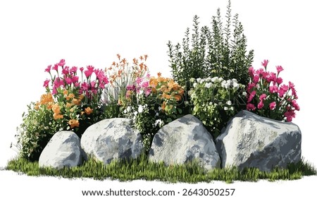 Garden design vector, flower plants, rocks, nature scenery, beautiful backyard, lush garden, outdoor decor, rocks and plants, landscaping ideas, creative garden design