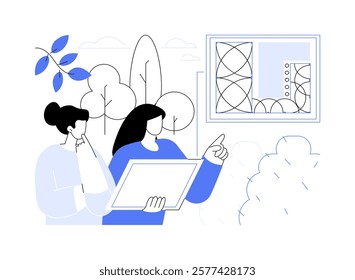 Garden designer isolated cartoon vector illustrations. Professional garden designer talks with client in the backyard, landscaping process, contractor job, household maintenance vector cartoon.