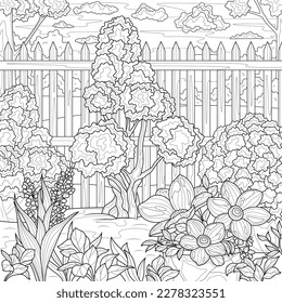 Garden with different plants.Coloring book antistress for children and adults. Illustration isolated on white background.Zen-tangle style. Hand draw