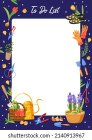 Garden To do planner vector template. Daily check list. Organizer and schedule with place for Notes. Vector illustration with spring gardening elements and tool