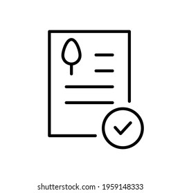 Garden document with check mark. Approval ECO line document. Valid ecology information. Vector isolated on white