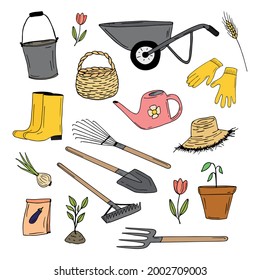 Garden doodle collection. Garden tools and plants. Hand-drawn color vector bucket, basket, wheelbarrow, rubber boots, straw hat, rubber gloves, pitchfork, rake, shovel, watering can sprout