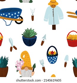 Gartendoodle nahtloses Muster mit Gnome, Pflanzen, Kegelbarren und Schrackmaschine zum Umwickeln, Textilien, Druck, Stoff
