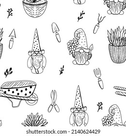 Gartendoodle nahtloses Muster mit Gnome, Pflanzen, Kähnchen zum Umwickeln, Textilien, Druck, Stoff