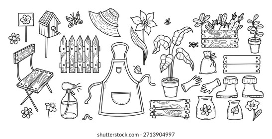 Conjunto de Doodle de jardín. Herramientas de jardín, jardinería y agricultura dibujado a mano con caja de verduras, valla de madera, silla y herramientas, y flores. Ilustración vectorial caprichosa negra aislada. No es IA 