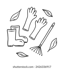 Garden doodle set with rake, boots gloves, leaves. Vector icons