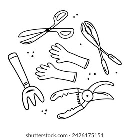 Garden doodle set with scissors, rake, gloves, pruning shears. Farm vector icons of summer elements for agriculture work and gardening