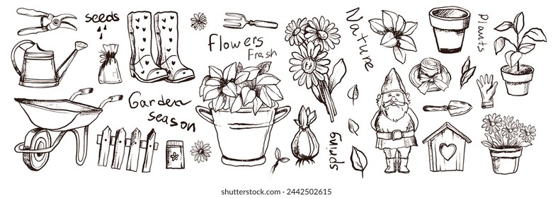 Garden doodle set, spring agriculture sketch, vector hand drawn flower illustration, farm plants. Scribble line organic floral clipart, gardening tools, seedling, nature summer element. Garden doodle