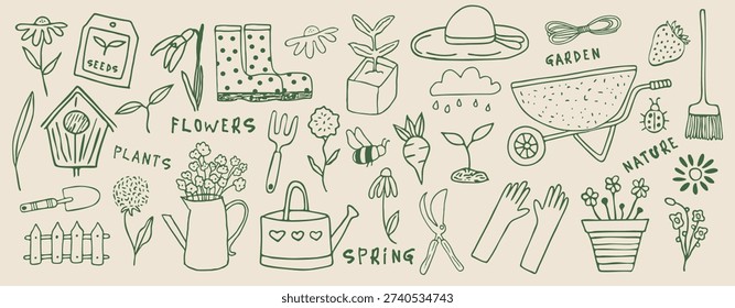 Garden doodle set, spring agriculture sketch, vector hand drawn flower illustration, farm plants. Scribble line organic floral clipart, gardening tools, seedling, nature summer element. Garden doodle