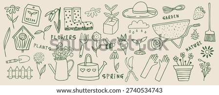 Garden doodle set, spring agriculture sketch, vector hand drawn flower illustration, farm plants. Scribble line organic floral clipart, gardening tools, seedling, nature summer element. Garden doodle
