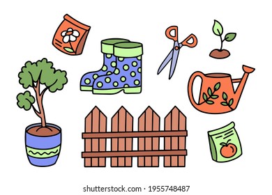 Juego de garabatos en vector. Elementos planos dibujados a mano aislados sobre fondo blanco. Semillas de flores y manzanas, lata de riego, brote, tijeras, valla, botas de caucho y árbol pequeño en una olla de flores.