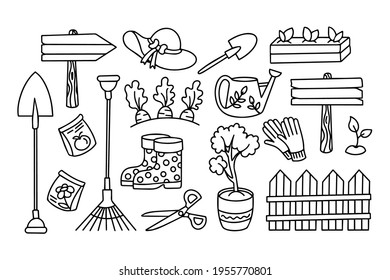 Garden doodle set in vector. Hand drawn flat elements isolated on white background. Wooden signs, watering can, fence, seeds, gardening tools, vegetables, rubber boots, gloves, hat, shovels and rakes.