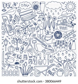 Garden doodle set. Vector illustration with hand drawn garden elements on squared paper