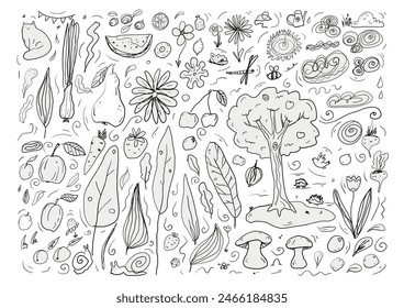 Garden Doodle Vector Set Isolated with Insects, Cat, Bird,Bee,Hedgehog,Mouse,Snail,Dragonfly, Butterfly, Vegetables, Fruits, Fruits, Trees, Plants 