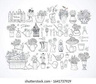 Garden doodles. Garden decor elements on white background. Doodle sketch illustration
