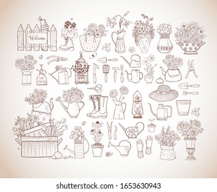 Garden doodles. Garden decor elements in vintage style. Doodle sketch illustration