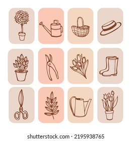 
garden doodles in labels on the white background
