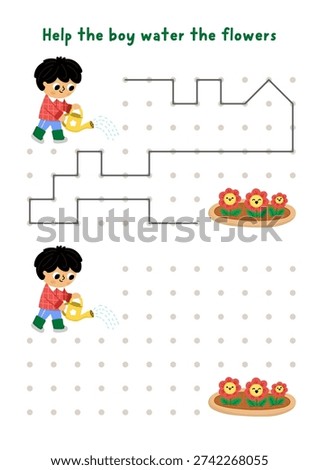 Garden drawing, writing, tracing, space orientation activity for kids with boy watering flowers. Draw lines in box according example. Spring printable game, puzzle with child gardener
