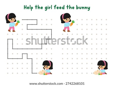 Garden drawing, writing, tracing, space orientation activity for kids with girl feeding bunny with carrot. Draw lines in box according example. Spring printable game, puzzle with child gardener
