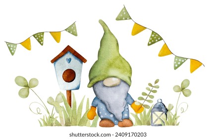 Gartenzwerg mit Vogelhaus in grünem Gras Aquarell-Karikatur für Postkarten. Grauzwergzeichnung