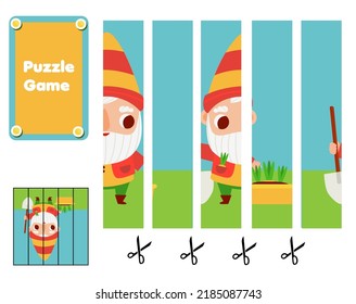 Garden dwarf with flowers. Educational puzzle for toddlers. Match pieces and complete the picture. Seasonal children game, kids activity page