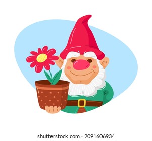 Garden dwarf or gnome with flower pot. Cute fairytale character for landscape design. Vector flat hand drawn Illustration for website, packaging of seeds, fertilizer and other