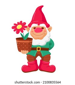 Gartenzwerg oder Gnome mit Blumentopf. Cute Märchencharakter für Landschaftsdesign. Vektor-Wohnung, handgezeichnet, Illustration einzeln auf weißem Hintergrund