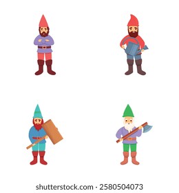 Garden dwarf icons set cartoon vector. Funny garden decoration gnome. Fairytale character